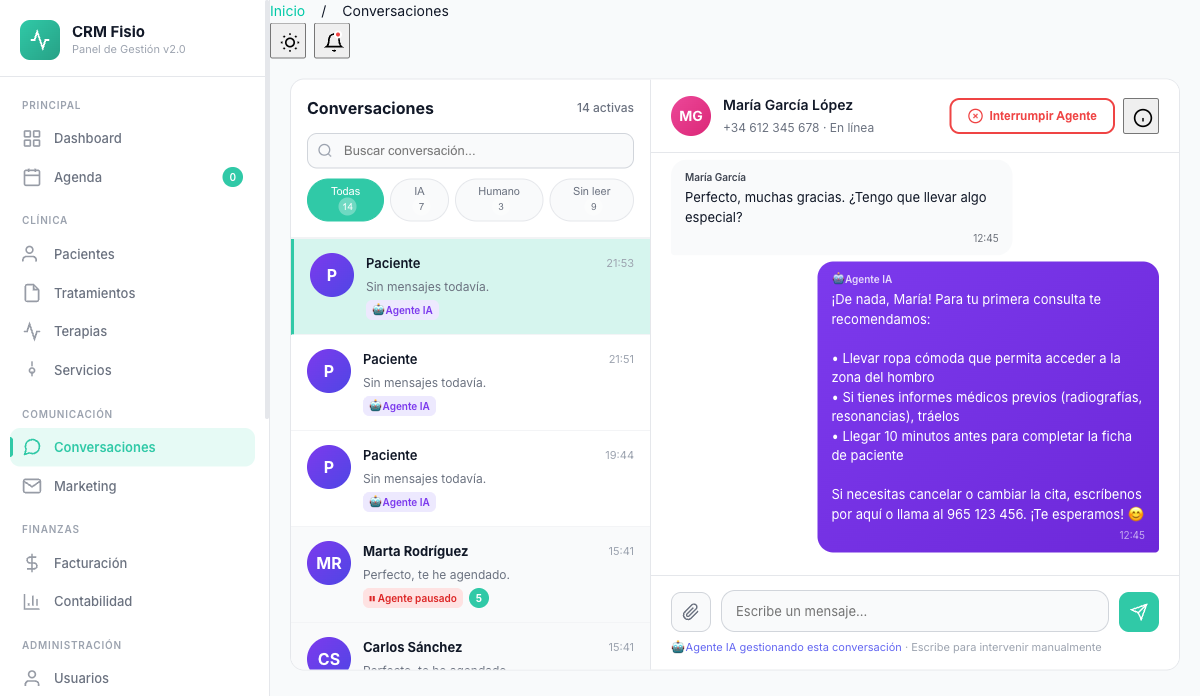 Agente IA gestionando conversaciones — CRM Fisio Inteligente