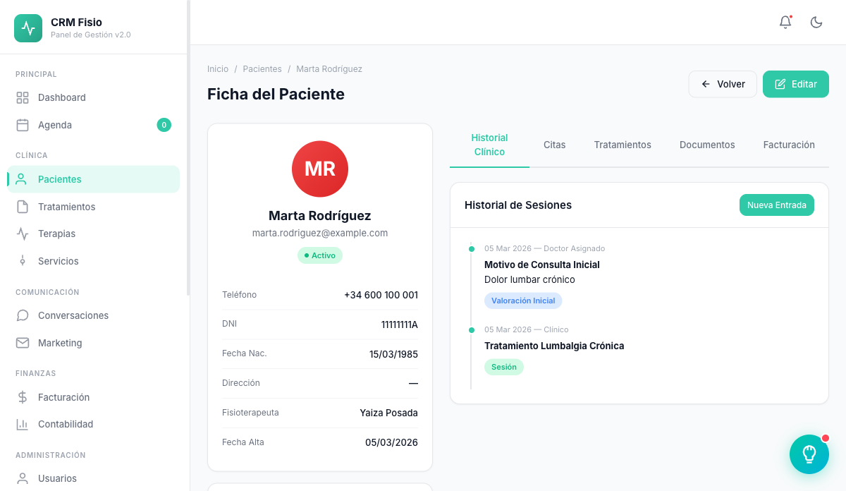 Historia clínica y seguimiento del paciente en Fisionexa