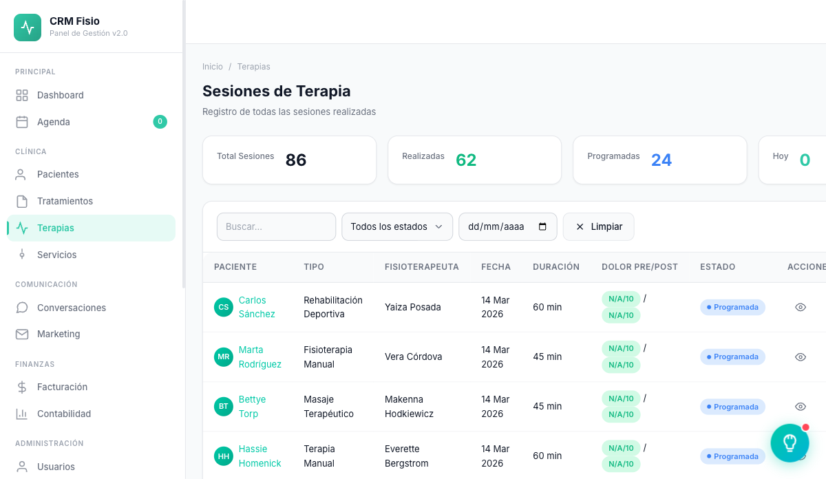 Sesiones de Terapia — CRM Fisio Inteligente
