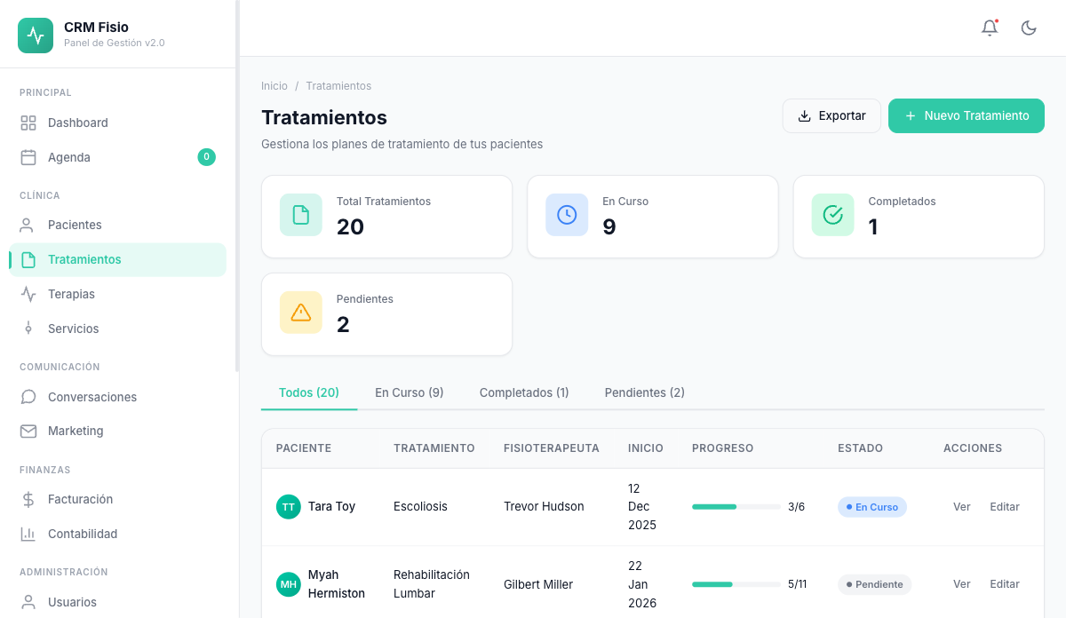 Gestión de Tratamientos — CRM Fisio Inteligente